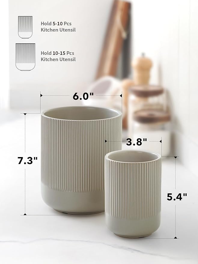 LE TAUCI Utensil Holder for Kitchen Counter, 7.3"+5.4" Fluted Ceramic Utensil Crock Organizer for Countertop, Heavy Large Holder for Spatulas, Spoons, Set of 2, Oatmeal Greige