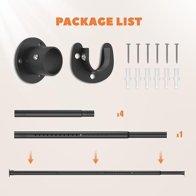 Long Closet Rod 17-75 Inches, Adjustable Heavy Duty Black Metal Closet Rods for Hanging Clothes, 1.3 Inch Diameter with Wall Brackets for Wardrobes, Laundry Room
