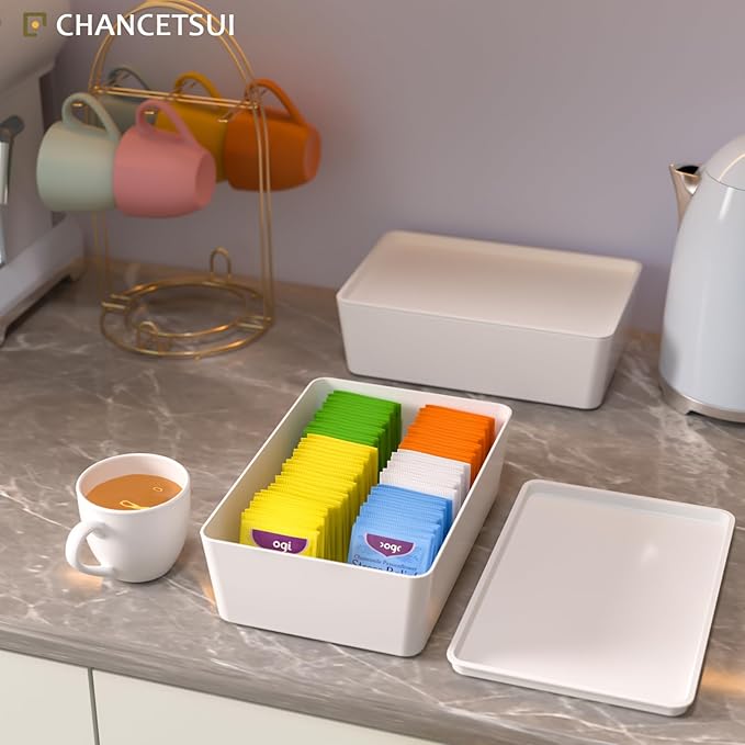 CHANCETSUI Pantry Storage Containers for Snacks: 2 Pack Coffee White Plastic Organizer Bins, 7x10 Inch Stackable Kitchen Cabinet Organizers
