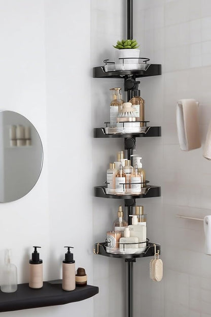 shuang qing 360° Rotating Corner Shower Caddy Tension Pole Organizer - 4-Tier Adjustable Rustproof Metal Pole, Plastic Shelves with Safety Guardrail, Bathroom Storage for Shower & Bathtub(Black)