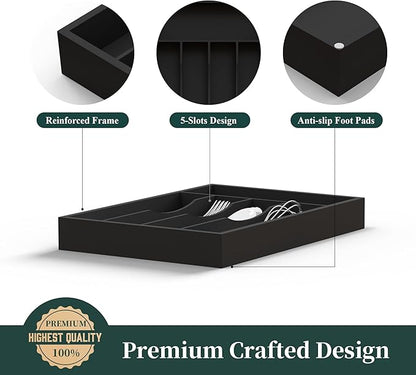 Bamboo Silverware Organizer, Kitchen Drawer Organizer, Utensil Holder, Cutlery Tray & Spoon Flatware Storage with Grooved Drawer Dividers (Black, 9.5''W x 13.5''D)
