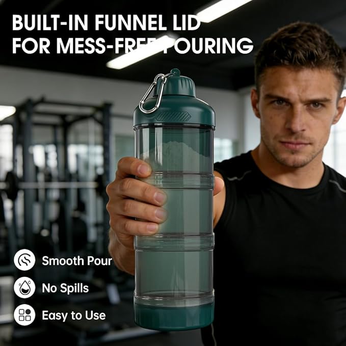 BYLWORKOUT 3-Layer Protein Powder Travel Container with Funnel and Keychain | Portable Food Storage Organizer for Gym, Fitness, Kitchen, Camping, Hiking, and Travel (Emerald Green)