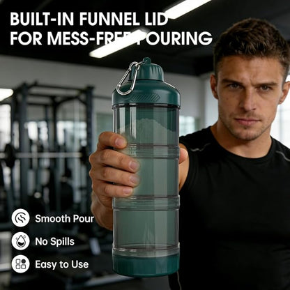 BYLWORKOUT 3-Layer Protein Powder Travel Container with Funnel and Keychain | Portable Food Storage Organizer for Gym, Fitness, Kitchen, Camping, Hiking, and Travel (Emerald Green)
