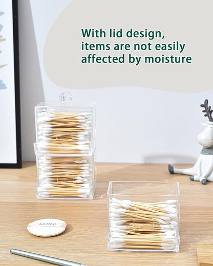 Cotton Swab Holder with Lid - Clear Plastic Bathroom Vanity Organizer, Shatterproof U-Slot Cotton Swab Dispenser Canister, Dustproof Countertop Container for Cotton Swabs & Apothecary Storage