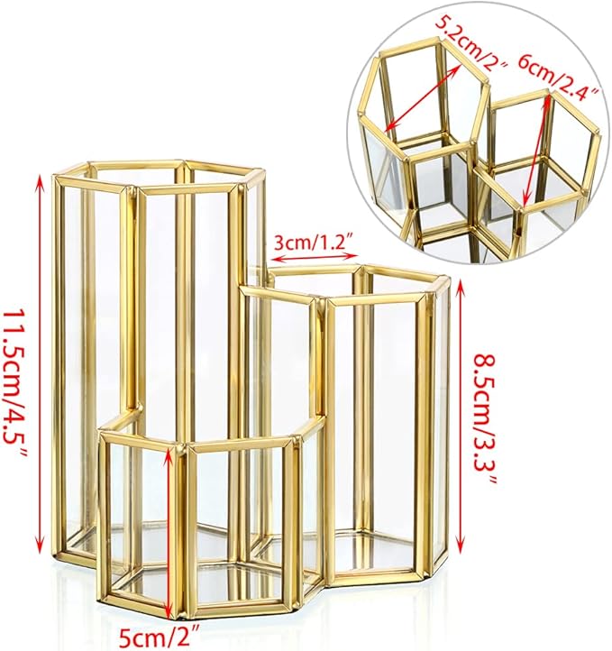 Hipiwe 3 Slots Glass Makeup Brush Holder - Gold Hexagon Cosmetics Brush Eyeliners Display Cup Home Decorative Makeup Organizer Desktop Pen/Pencil Pot Holder for Office