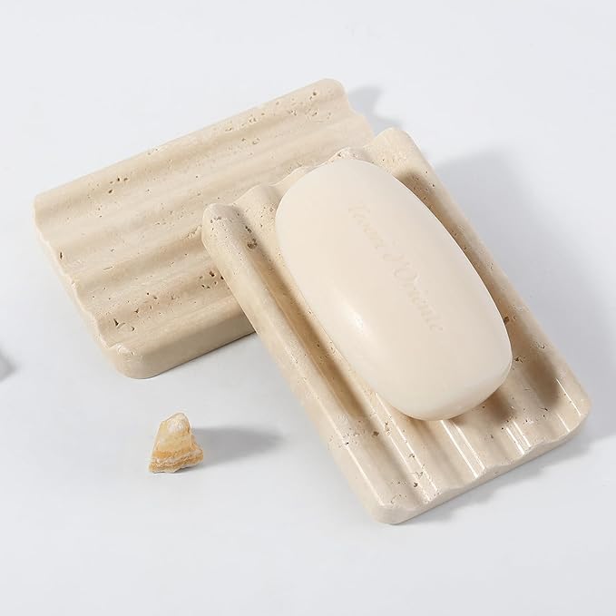 Koville Natural Travertine Soap Dish for Bathroom Shower, Marble Soap Tray Travertine Dish for Bathroom, Stone Soap Tray for Sink, Stripe Grooves Soap Saver Keep Soap Bars Dry Easy Clean