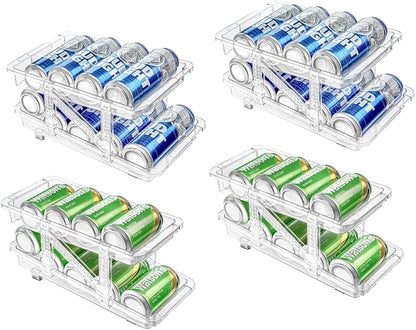 Xicennego Set of 4 Adjustable Soda Can Organizer for Refrigerator, Cabinets, Countertops, Beverage Can Dispenser for Fridge, for Standard Cans, Skinny Cans, And Tall Cans (Clear)