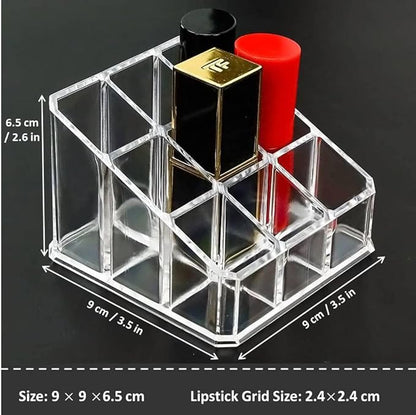 Acrylic Makeup Organizer Cosmetic Storage Display Case Makeup Brush Holder Organizer Lipstick Dispenser Canister Bathroom Container (3.5 x 3.5 x 2.6 in, 9 Partitions, Transparent)