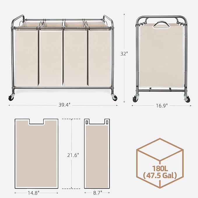 STORAGE MANIAC Laundry Sorter 4 Section, 47.8 Gal (181 L) Laundry Hamper with Wheels, Clothes Divider Basket Sorter, Clothes Separator Hamper Cart with Wheels and Removable Bags, Beige