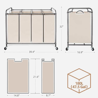 STORAGE MANIAC Laundry Sorter 4 Section, 47.8 Gal (181 L) Laundry Hamper with Wheels, Clothes Divider Basket Sorter, Clothes Separator Hamper Cart with Wheels and Removable Bags, Beige