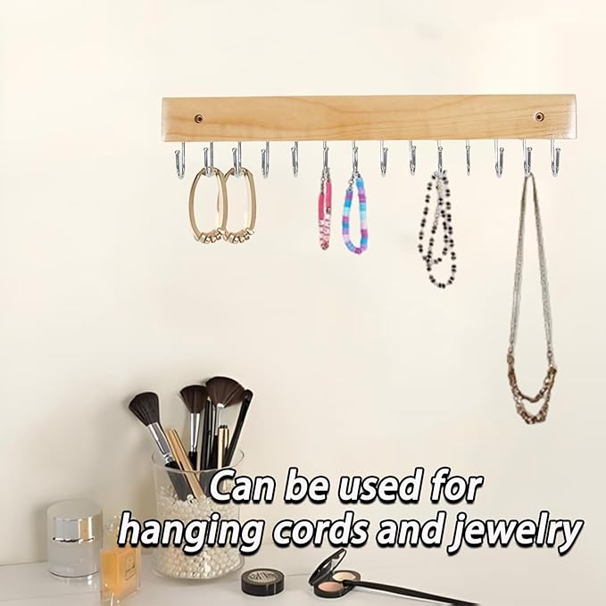 2 PCS Brown Hanging Jewelry Organizer, Wooden Wall Mounted Necklace Holder with 28 Hooks, Jewelry Display Hangers, Coat Rack Belt Organizer for Bags, Ties, Keys(Brown)