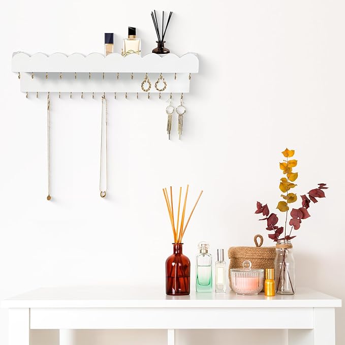 Wall Mount Jewelry Organizer with 28 Hooks and Cosmetics Shelf, Modern Wood Hanging Jewelry Holder for Necklaces, Bracelets, Earrings and Rings, White