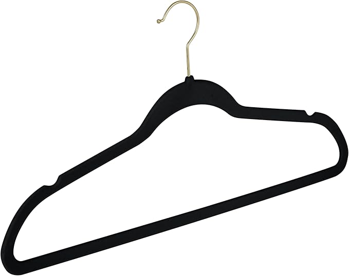 Simplify Slim Velvet Gold Hook Clothes Hangers 100 Pack | Non-Slip | Shirts | Suit | Pants | Dresses | Garments | Closet Storage & Organization | Durable | Black