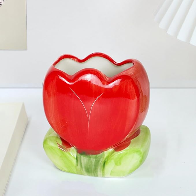 TANG SONG Ceramic Tulip Make up Brush Holder Flower Cosmetic Storage Box Pen and Pencil Holder Desktop Organizer (Red)