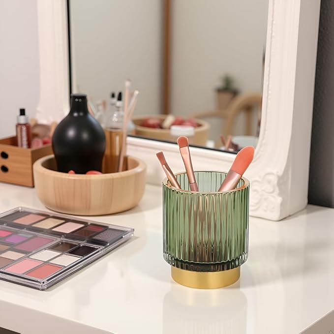 Green Makeup Brush Holder, Glass Toothbrush Holders for Bathrooms, Gold Pen Holder for Desk, Vintage Make Up Brush Holder Vanity Organizer for Brushes, Lipstick, Eyebrow Pencil
