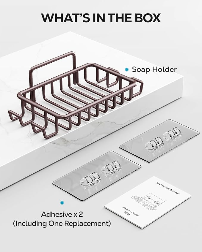 Nieifi Soap Dish Holder with 4 Hooks Stainless Steel Bronze Adhesive for Shower, Bathroom