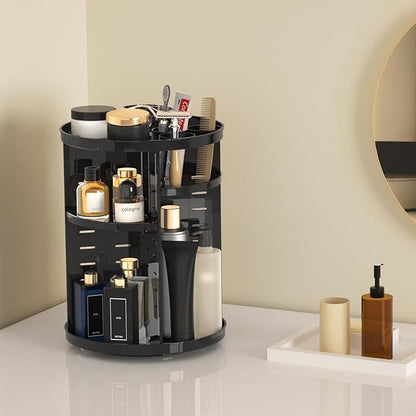 Jiavarry Rotating Makeup Organizer for Vanity, 360 Spinning Skincare Organizers with Adjustable Trays, Make Up Desk Storage Carousel Rack, Cosmetic Display Cases for Dresser Bathroom Countertop Black