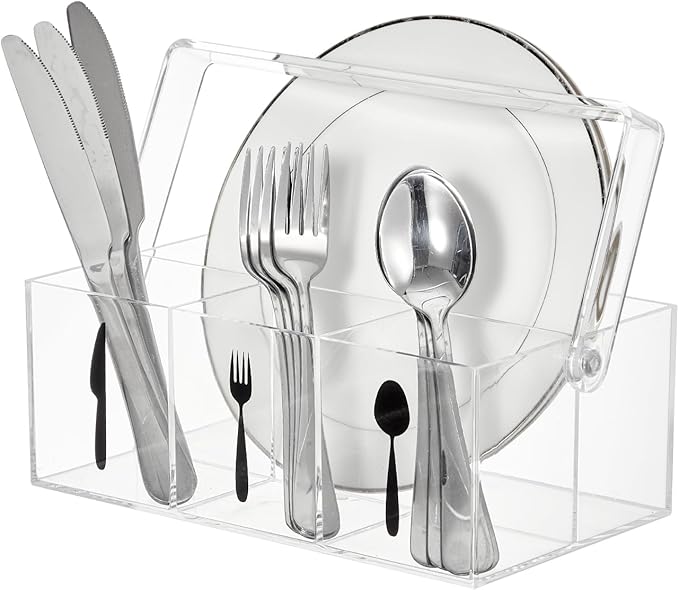 Garvee Acrylic Utensil Caddy with Handle, Plastic Silverware Organizer and Flatware Holder, Paper Plate Dispenser for Kitchen Countertop, Parties, Outdoor Picnic