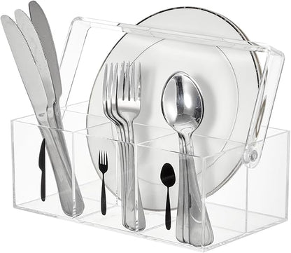 Garvee Acrylic Utensil Caddy with Handle, Plastic Silverware Organizer and Flatware Holder, Paper Plate Dispenser for Kitchen Countertop, Parties, Outdoor Picnic