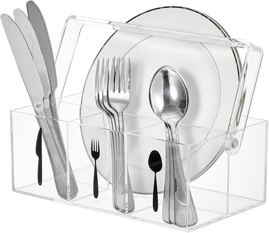 Garvee Acrylic Utensil Caddy with Handle, Plastic Silverware Organizer and Flatware Holder, Paper Plate Dispenser for Kitchen Countertop, Parties, Outdoor Picnic