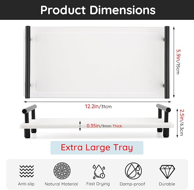 Segbeauty 12x6 Sink Caddy, Large Bathroom Tray Stone Drying Mat with Handle, Fast Drying Diatomaceous Earth Vanity Tray, Water Absorbent Countertop Organizer Bathroom Soap Holder Sink Organizer White