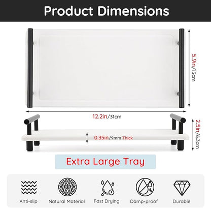 Segbeauty 12x6 Sink Caddy, Large Bathroom Tray Stone Drying Mat with Handle, Fast Drying Diatomaceous Earth Vanity Tray, Water Absorbent Countertop Organizer Bathroom Soap Holder Sink Organizer White