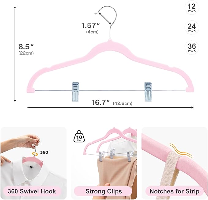 HOUSE DAY Velvet Skirt Hangers - Pink Velvet with Adjustable Clips, Space Saving, Slim, Heavy Duty and Non Slip for Pants, Skirts, Shorts - 24 Pack