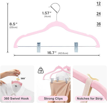 HOUSE DAY Velvet Skirt Hangers - Pink Velvet with Adjustable Clips, Space Saving, Slim, Heavy Duty and Non Slip for Pants, Skirts, Shorts - 24 Pack