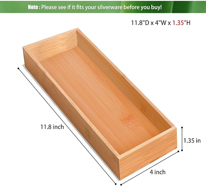 guiogc Bamboo Drawer Organizer, Utensil Organizer for Kitchen, Bamboo Storage Box Wood Silverware Tray for Drawer Set of 2