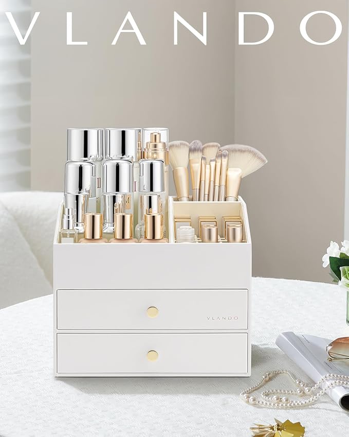 VLANDO Makeup Organizer for Vanity,Large Capacity Countertop Organizer with Drawers, PU Leather Cosmetic Display Case for Lipstick,Brushes,Skincare,Nail polish and Bedroom Storage (White)