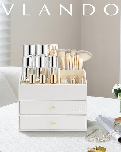 VLANDO Makeup Organizer for Vanity,Large Capacity Countertop Organizer with Drawers, PU Leather Cosmetic Display Case for Lipstick,Brushes,Skincare,Nail polish and Bedroom Storage (White)