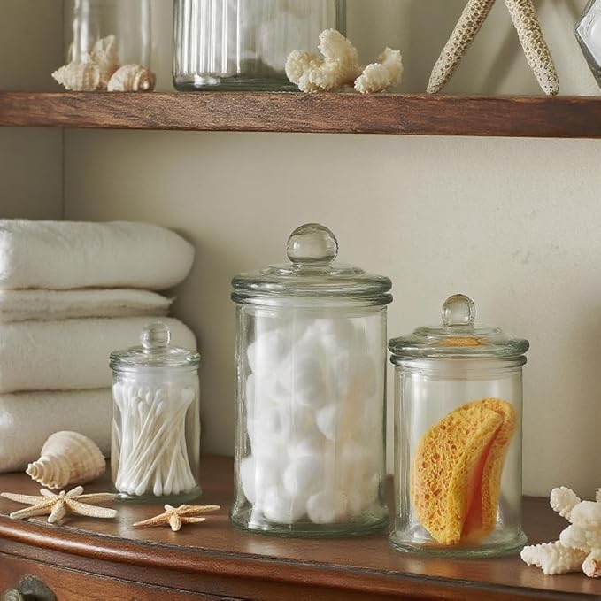 Glass Apothecary Jars with Lids – Set of 3 Clear Bathroom Storage Containers for Cotton Balls, Swabs & Accessories, Decorative Vanity Organizer
