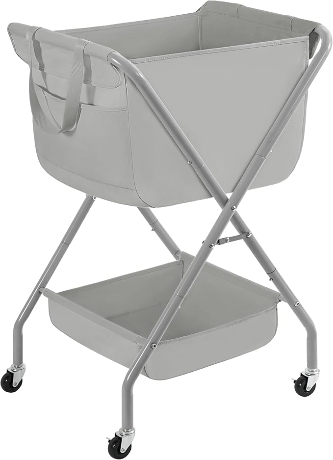 STORAGE MANIAC Collapsible Laundry Cart with Wheels 35.6"H Removable Canvas Bag Rolling Laundry Hamper Clothes Basket with Wheels, Sturdy Steel Frame Folding for Small Narrow Space Easy Storage, Grey