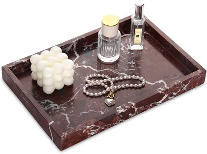 Marble Bathroom Vanity Tray, Natural Luxury Vanity Home Kitchen Bathroom Table Tray, Stone Decorative Countertop Dresser Trays for Key Coffee Perfume Jewelry Makeup (Rosso Lepanto, 12"x 8" x1.2")