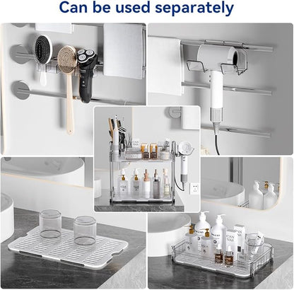 Bathroom Counter Organizer, 2 Tier Makeup Skincare Storage Tray with Hair Dryer Holder and Toothbrush Rack, Perfume Organizer Vanity Shelf for Countertop, Dresser (Transparency)