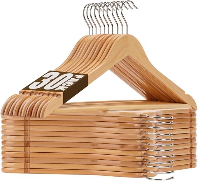 Wooden Hangers 30 Pack Solid Wood Hangers,Heavy Duty Coat Hangers for Closet, Wooden Clothes Hangers for Suits, Shirts, Pants, Jackets(Natural)