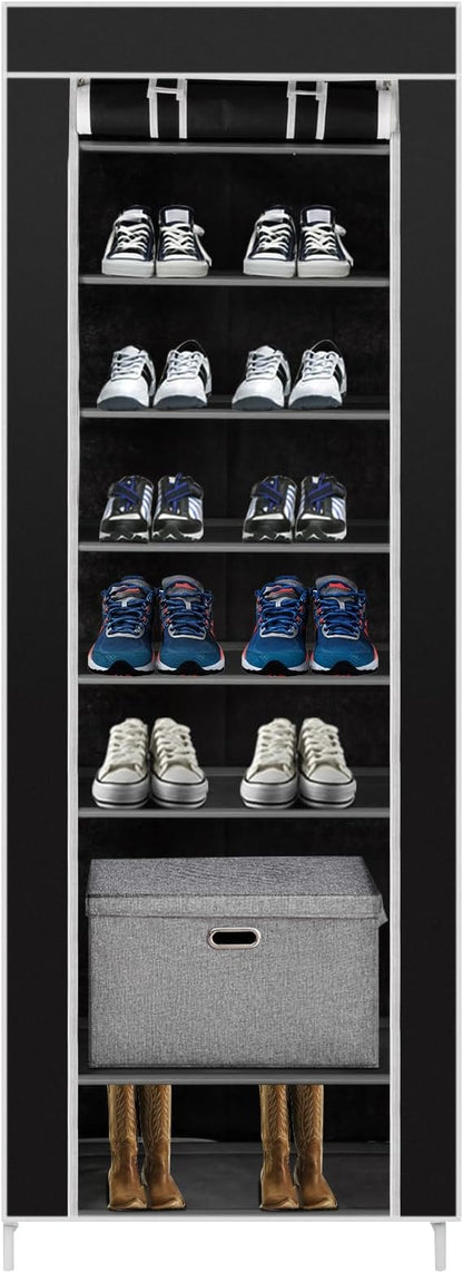 Vertical Narrow Shoe Rack Organizer,Room-Saving 10-Layers 9 Lattices Non-Woven Fabric Shoe Rack Holds 22-30 Pairs Tall Shoe Storage Cabinet with Dustproof Cover for Closet,Entryway,Dorm,Bedroom,Black
