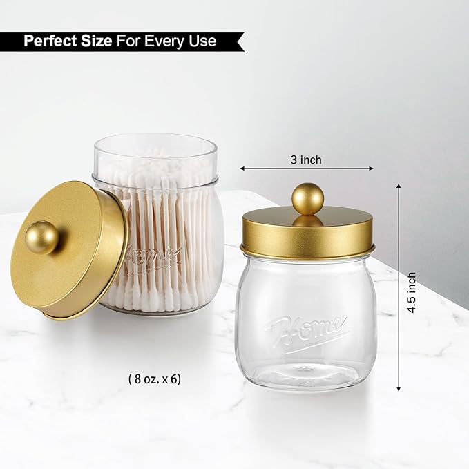 6 Pack Qtip Holder Bathroom Set, SheeChung Plastic Mason Jar Apothecary Jar Set for Bathroom Vanity Storage Organizer, Farmhouse/Home Decor, 12 Labels (Gold)