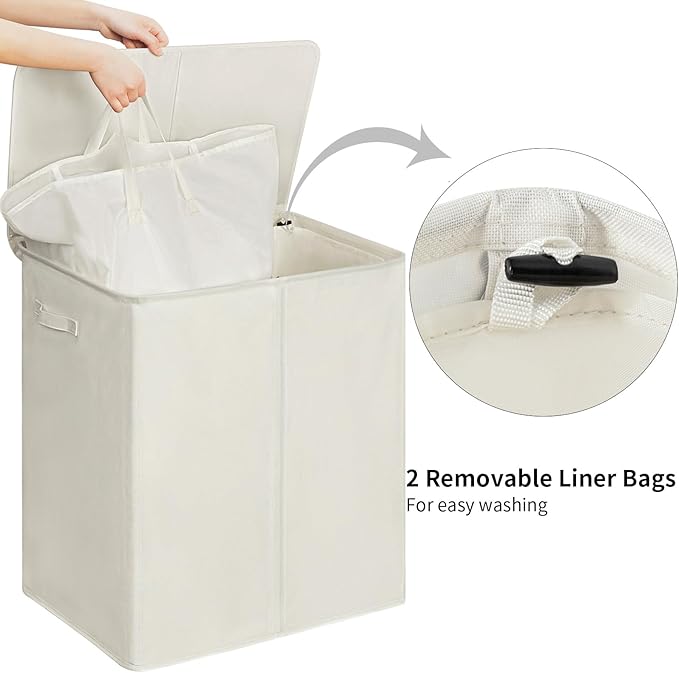 WOWLIVE 180L Double Laundry Hamper with Lid and Removable Laundry Bags, Large Dirty Clothes Hamper 2 section Collapsible Laundry Basket Dorm Room Storage for Bedroom, Bathroom, College,Beige