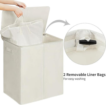 WOWLIVE 180L Double Laundry Hamper with Lid and Removable Laundry Bags, Large Dirty Clothes Hamper 2 section Collapsible Laundry Basket Dorm Room Storage for Bedroom, Bathroom, College,Beige