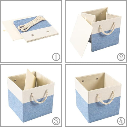 PRANDOM Large Foldable Cube Storage Bins 13x13 inch [2-Pack] Fabric Linen Storage Baskets Cubes Drawer with Cotton Handles Organizer for Shelves Nursery Closet Bedroom Beige/Blue