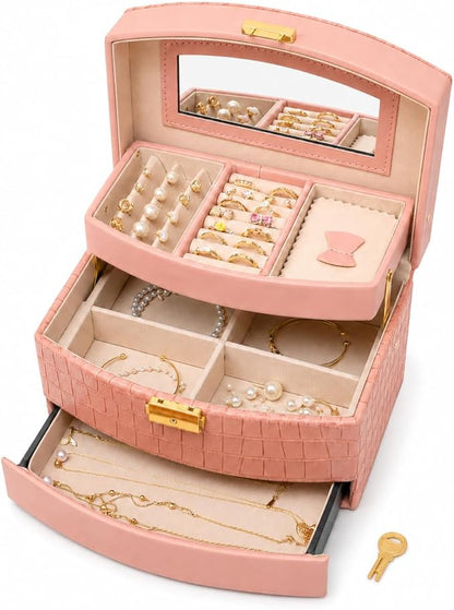 Elegant 3 Layer Lockable Jewelry Box for Women – Mirrored Jewelry Organizer with Key & Drawer, Travel Friendly PU Leather Storage Case,Gift for Wife, Mom, Daughter (Pink)