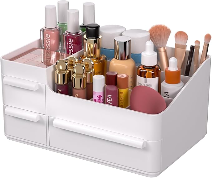 CHANCETSUI Makeup Organizer with Drawers, Makeup Desk Organizer, Bathroom Countertop Organizer for Cosmetics, Vanity Holder for Lipstick, Makeup Brush Holder, White