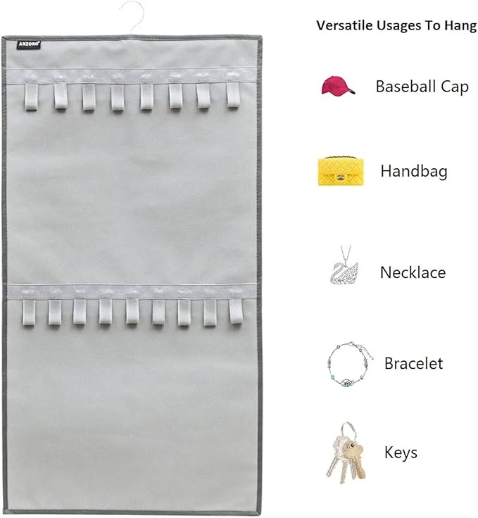 Dual-sided Hanging Jewelry Organizer with 34 Hook Loops Wall Mounted Necklace Holder Jewelry Display Storage Hanger for Bracelet Chain (GREY)