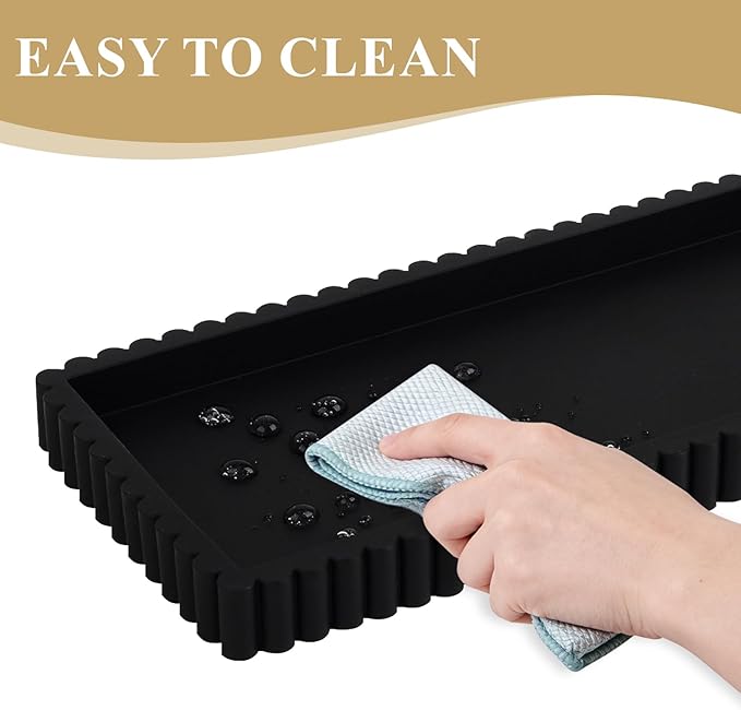 Silicone Bathroom Tray Small Vanity Organizer Rectangle Sink Caddy Sponge Holder Kitchen Counter Decor for Dish Soap, Perfume, Candle, Black