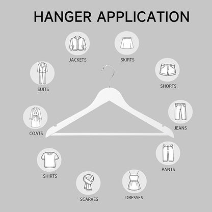 Quality Wooden Clothes Hangers, Solid Wood Suit & Coat Hangers with Pants Bars, Swivel Hook, Shoulder Notches, Heavy Duty Hangers for Shirts, Jackets, Dresses & Trousers(White/12-Pack)