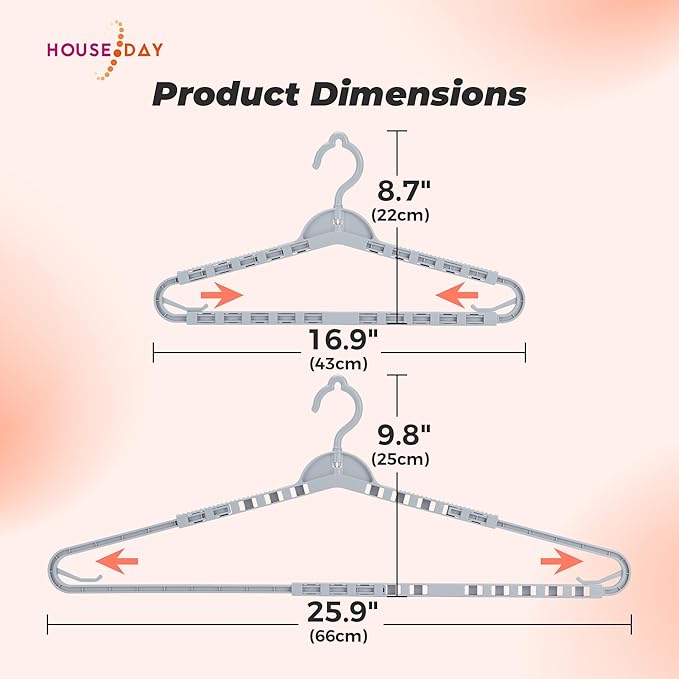 HOUSE DAY Extra Large Adjustable Hangers 4 Pack, Heavy Duty Clothes Hangers with 360° Rotating Hook, Sturdy Plastic Hangers Ideal for Coat,Sweaters, Jackets, Bath Towels, Oversized Garments (Gray)