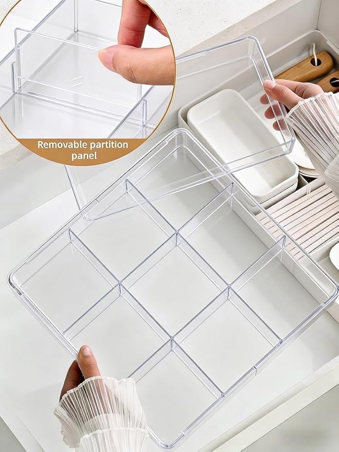 Expandable Drawer Storage Box with 6 Removable Dividers - 2.04" Depth for Light Drawers, Kitchen Utensils, Cosmetics, Office Supplies Organizer (10.43" Length, 20.27" Width)