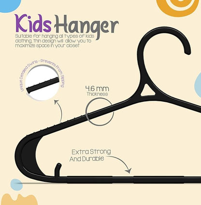 Utopia Home Kids Hangers 60 Pack - 11 Inch Plastic Baby Hangers for Closet - Childrens Hanger for Clothes & Infant Hanger for Closet - Non-Slip Shoulder Grooves, Strap Hooks & Pants Bar (Black)