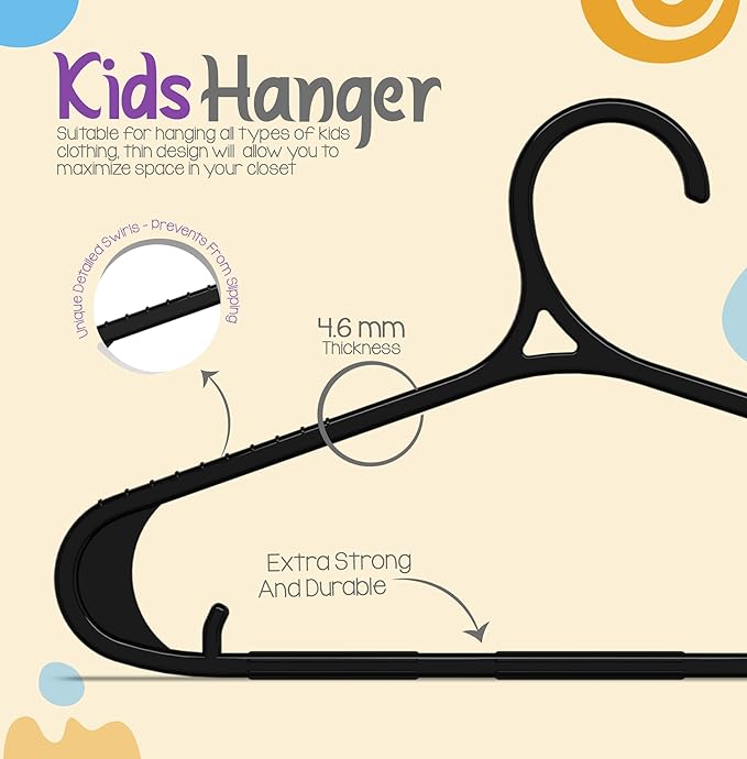 Utopia Home Kids Hangers 20 Pack - 11 Inch Plastic Baby Hangers for Closet - Childrens Hanger for Clothes & Infant Hanger for Closet - Non-Slip Shoulder Grooves, Strap Hooks & Pants Bar (Black)